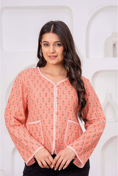 Indian Handmade Peach Floral Print Cotton Jacket
